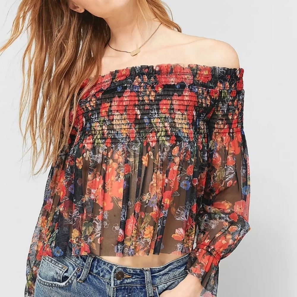 Pins & Needles Floral Mesh Bardot Off-The-Shoulder Party Top Size S